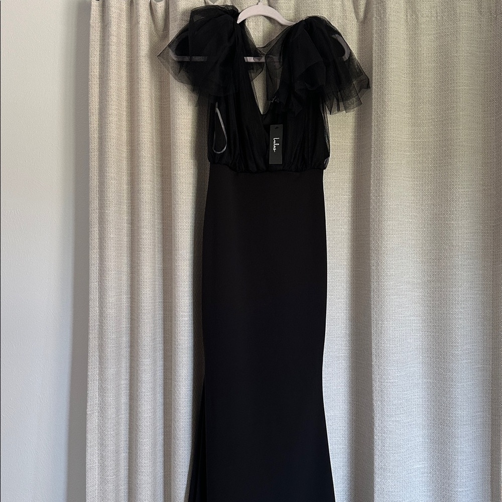 Lulu's Elegant Black Tulle Flutter Sleeve Mermaid Maxi Dress - Picture 3 of 3